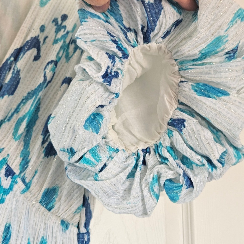 Hemant & Nandita Blue Ikat Floral Puff Sleeve Midi Dress White Metallic Sz Small - Picture 7 of 10
